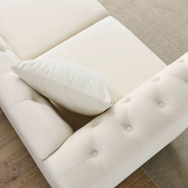 Beige Velvet Chesterfield 3 Seater Sofa with Rolled Arms, Nailhead Trim, 2 Pillows
