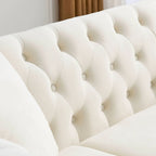 Beige Velvet Chesterfield 3 Seater Sofa with Rolled Arms, Nailhead Trim, 2 Pillows