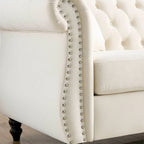 Beige Velvet Chesterfield 3 Seater Sofa with Rolled Arms, Nailhead Trim, 2 Pillows