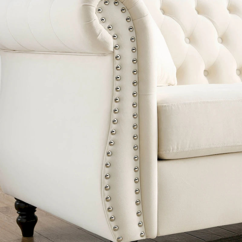 Beige Velvet Chesterfield 3 Seater Sofa with Rolled Arms, Nailhead Trim, 2 Pillows