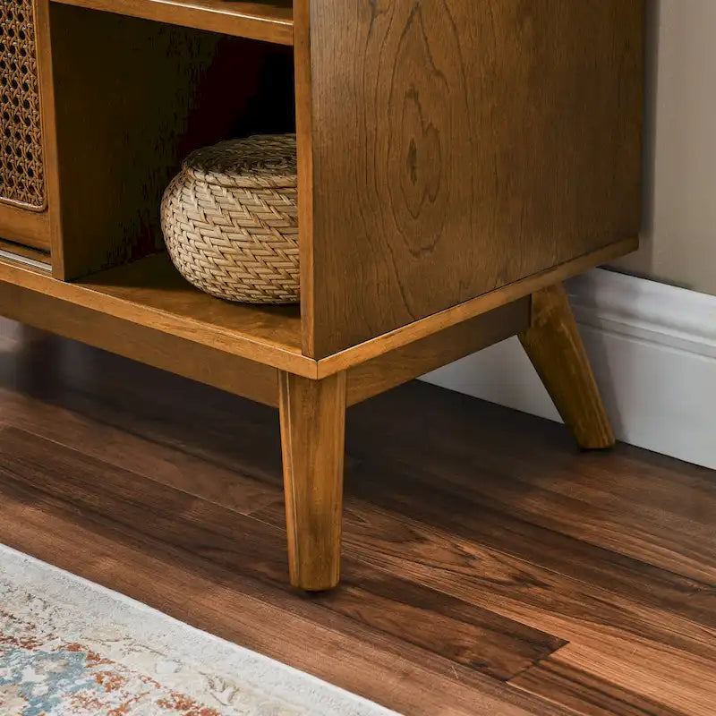 Mid Century Modern Rattan Sideboard Cabinet, Buffet Cabinet, Adjustable Shelf & Solid Wood Feet & Rattan Cabinet Doors