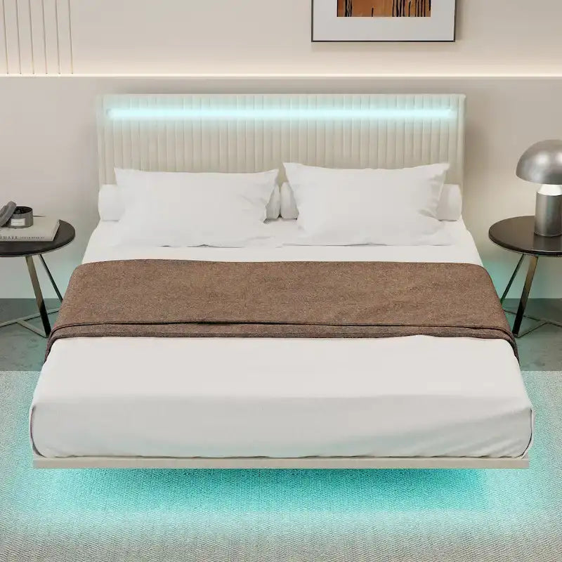 Modern King Size Bed Frame with LED Lights, Remote Control for Different Light Colors, Sensor Lights, No Box Spring Needed