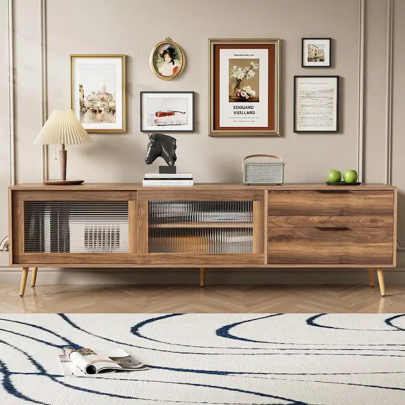 Modern TV Stand for 75+ TV, TV Console with 2 Glass Doors, Entertainment Center with 2 Drawers & Storage Cabinet