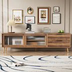 Modern TV Stand for 75+ TV, TV Console with 2 Glass Doors, Entertainment Center with 2 Drawers & Storage Cabinet
