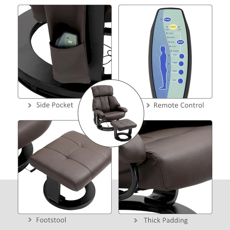 360 Swivel Massage Recliner Chair PU Leather Lounge Chair with 145 Recline, Footrest, Remote Control and Side Pocket