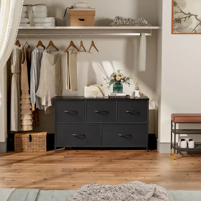 Tall Dresser Storage Tower with 5 Fabric Drawers