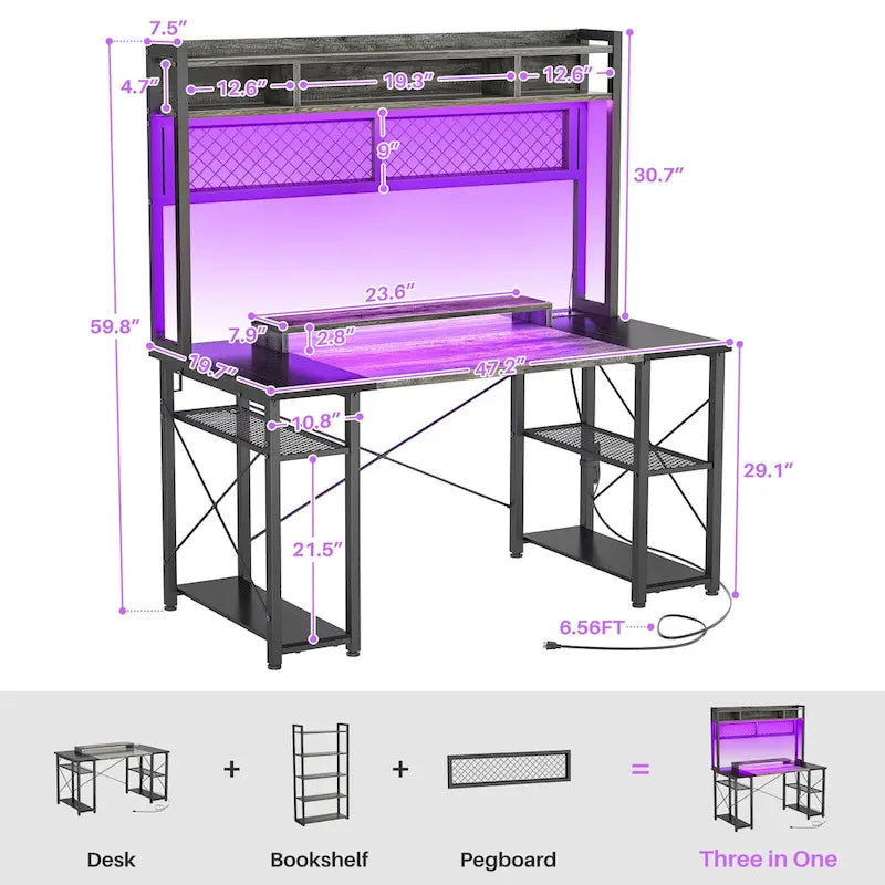 Gaming Deck with Charge Station and LED Light, Computer Table with Hutch and Shelves