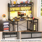 Gaming Deck with Charge Station and LED Light, Computer Table with Hutch and Shelves