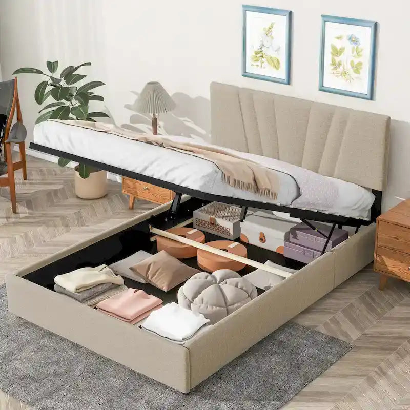 Beige Full Upholstered Platform Bed with Hydraulic Lift Storage and Tufted Headboard - Ideal for All Ages