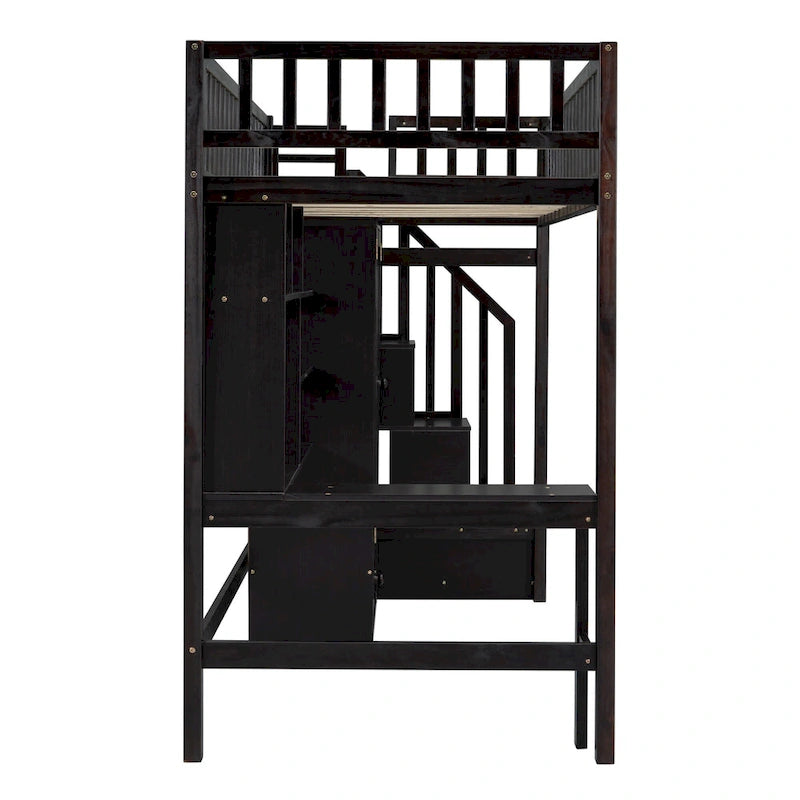 Twin Pine Loft Bed with Bookshelf, Drawers, Desk, Wardrobe, and Stairs