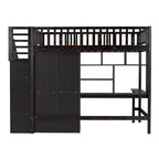Twin Pine Loft Bed with Bookshelf, Drawers, Desk, Wardrobe, and Stairs