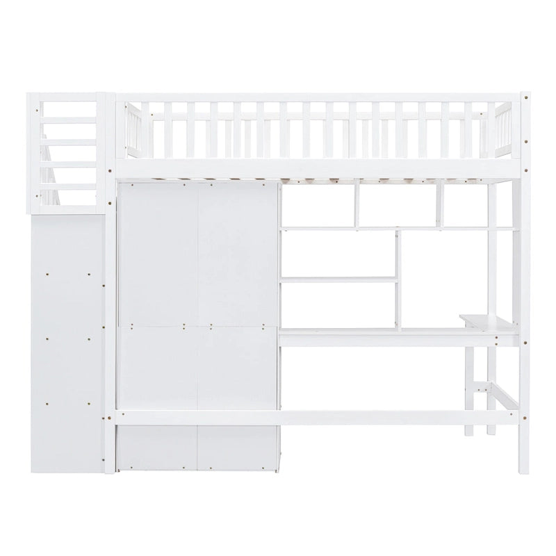Twin Pine Loft Bed with Bookshelf, Drawers, Desk, Wardrobe, and Stairs