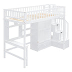 Twin Pine Loft Bed with Bookshelf, Drawers, Desk, Wardrobe, and Stairs
