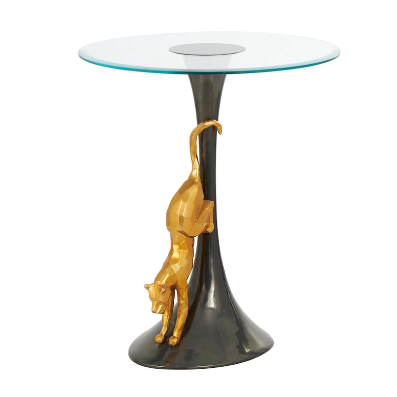 Aluminum Metal Leopard Accent Table with Gold Leopard Accent and Tempered Glass Top - Black -