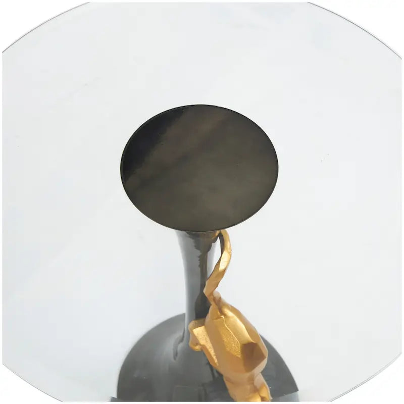 Aluminum Metal Leopard Accent Table with Gold Leopard Accent and Tempered Glass Top - Black -