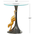 Aluminum Metal Leopard Accent Table with Gold Leopard Accent and Tempered Glass Top - Black -