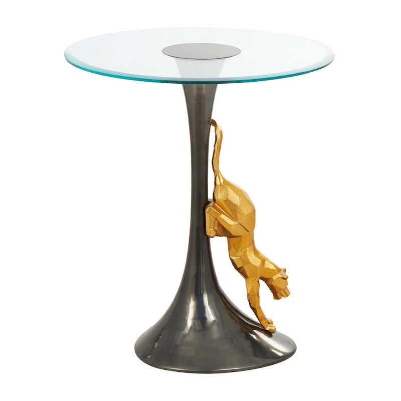 Aluminum Metal Leopard Accent Table with Gold Leopard Accent and Tempered Glass Top - Black -