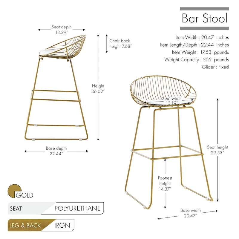 Iron Wire Bar Stools with PU Leather Seat Pad, Set of 2