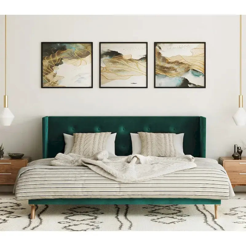  Uddesbo Modern Green Fabric & Walnut Bed