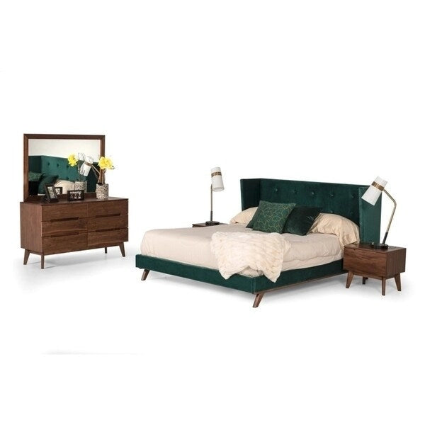 Modern Green Fabric & Walnut Bed