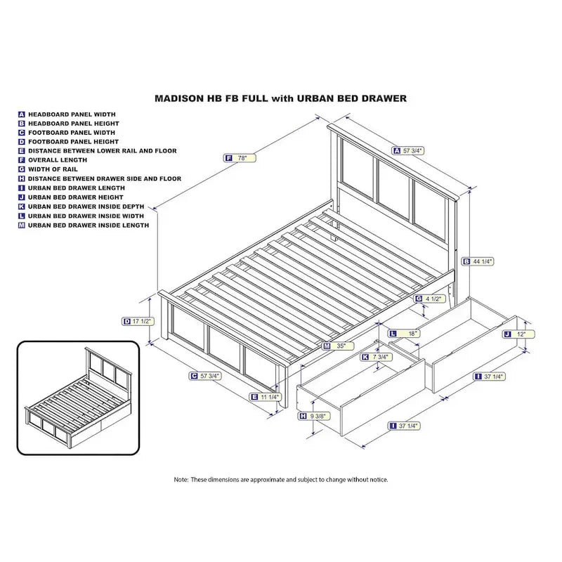 Full Platform Bed with 2 Storage Drawers in Walnut