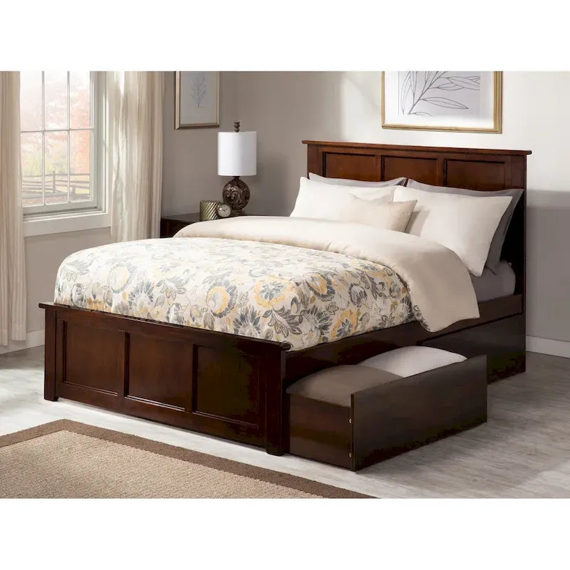 Full Platform Bed with 2 Storage Drawers in Walnut