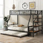 Twin over Full Size Metal Bunk Bed with Trundle and Storage Staircase, Black