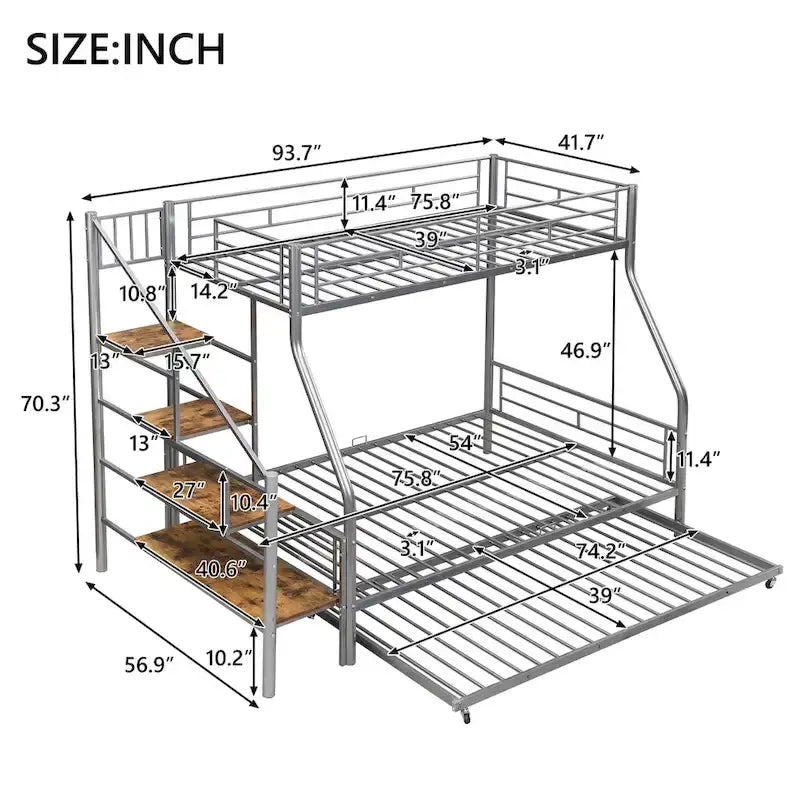 Twin over Full Size Metal Bunk Bed with Trundle and Storage Staircase, Black