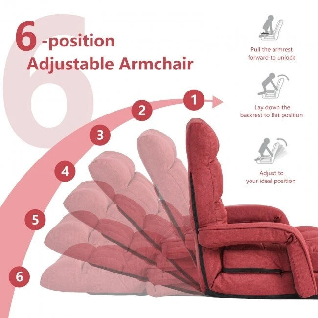 Folding Lazy Floor Chair Sofa with Armrests and Pillow-Red - 22 x 26 x 29 (L x W x H)