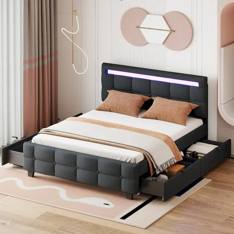 Queen Size Upholstered Platform Bed with LED Frame and 4 Drawers, Linen Fabric