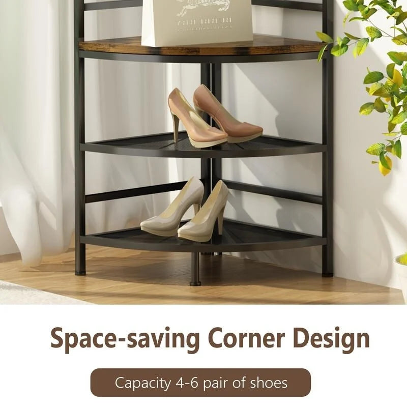 Entryway Corner Hall Tree with Shoe Rack, Coat Rack with 6 Double Hooks, Home Organizer for Entryway, Hallway, Closet, Bedroom