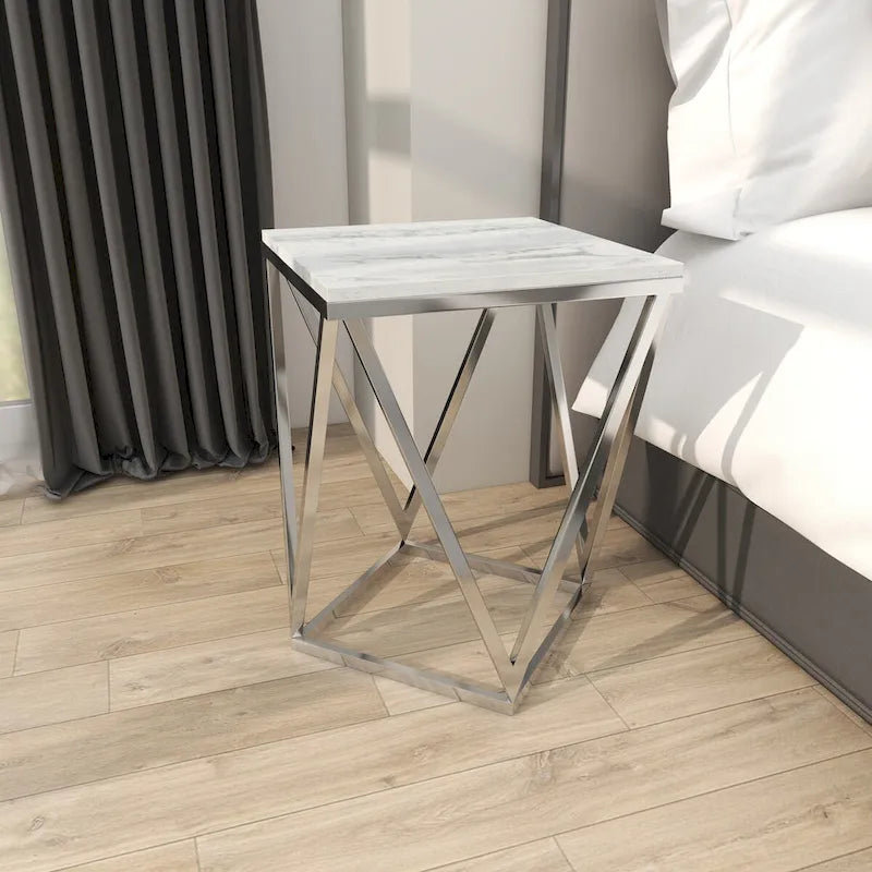 Stainless Steel Metal Side End Accent Table with Marble Top - Silver -