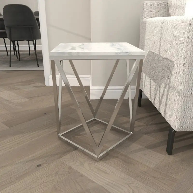 Stainless Steel Metal Side End Accent Table with Marble Top - Silver -