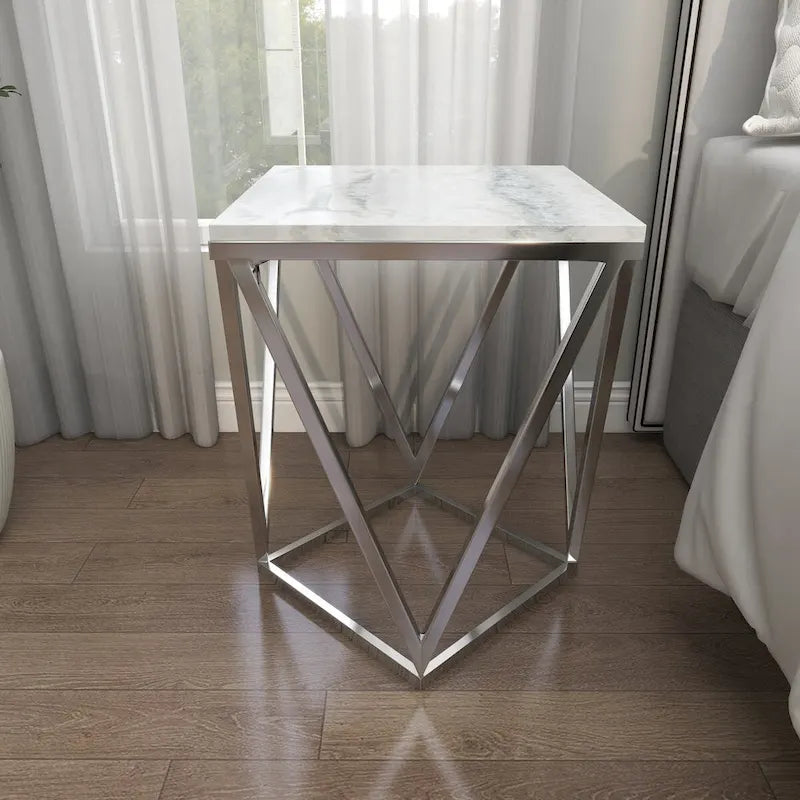 Stainless Steel Metal Side End Accent Table with Marble Top - Silver -