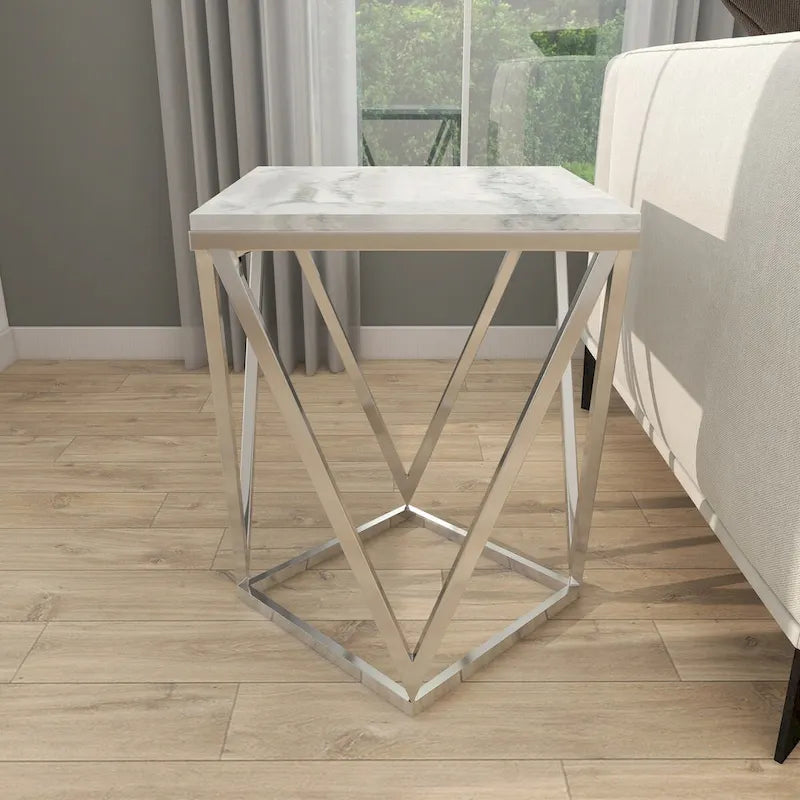 Stainless Steel Metal Side End Accent Table with Marble Top - Silver -