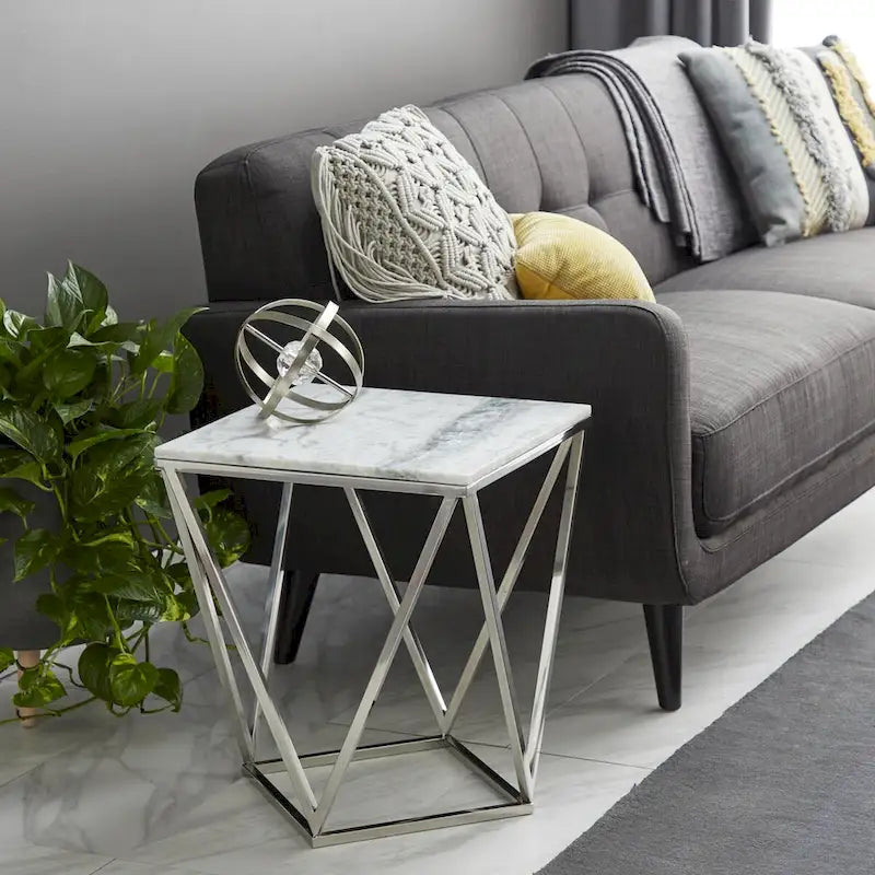 Stainless Steel Metal Side End Accent Table with Marble Top - Silver -
