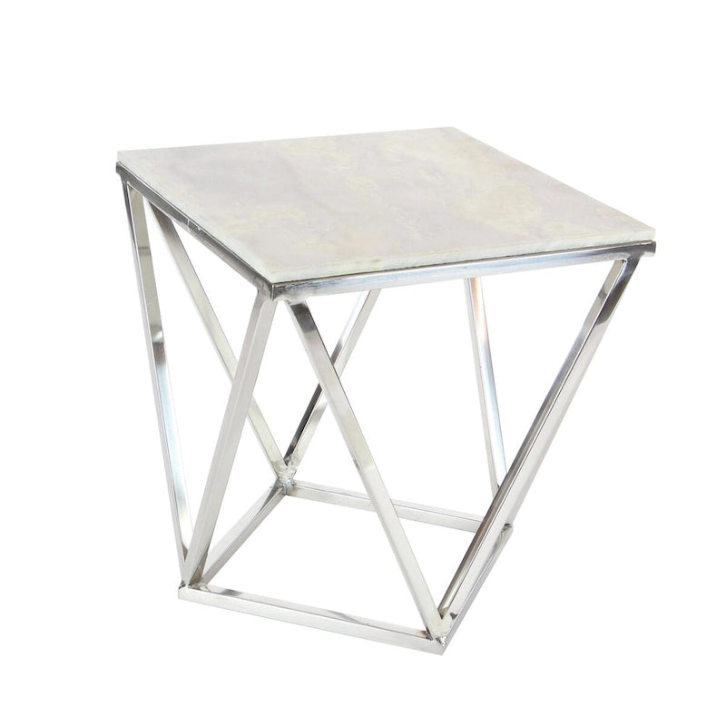 Stainless Steel Metal Side End Accent Table with Marble Top - Silver -