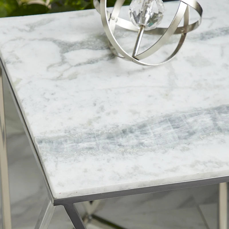 Stainless Steel Metal Side End Accent Table with Marble Top - Silver -