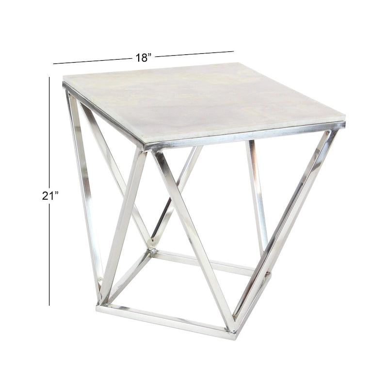 Stainless Steel Metal Side End Accent Table with Marble Top - Silver -