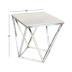Stainless Steel Metal Side End Accent Table with Marble Top - Silver -