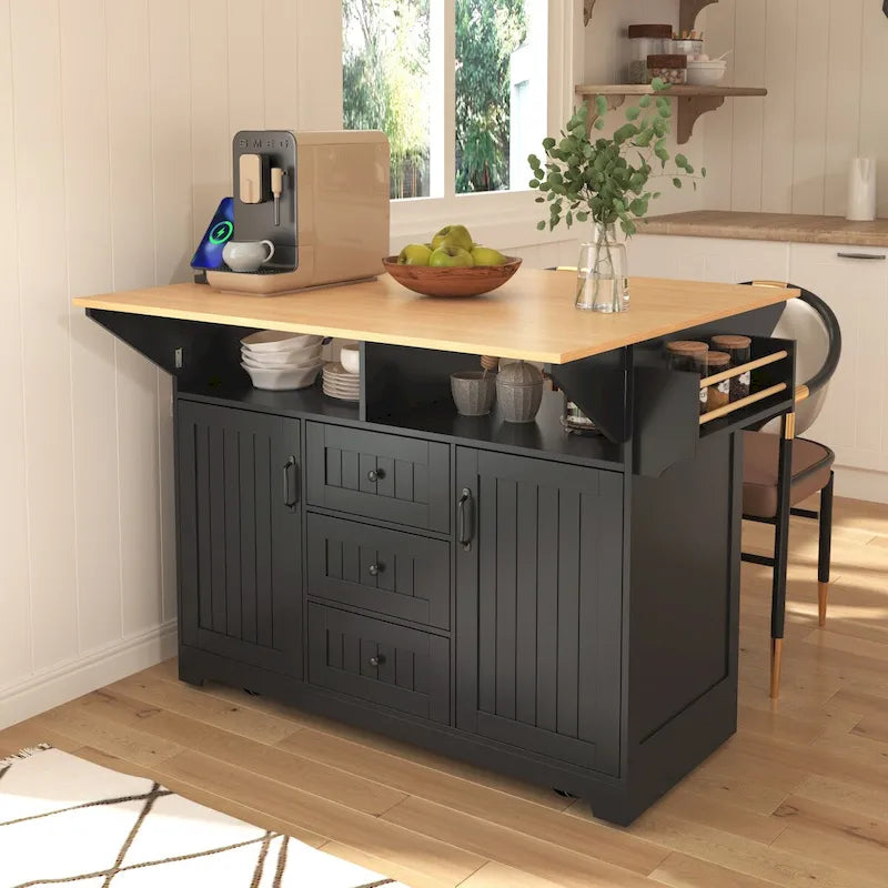 55.7Kitchen Island,2 Drop Leaf,Rolling Kitchen Cart on 5 Wheels,Power Outlet,Folding Dining Table,Spice & Towel Rack,3 Drawers