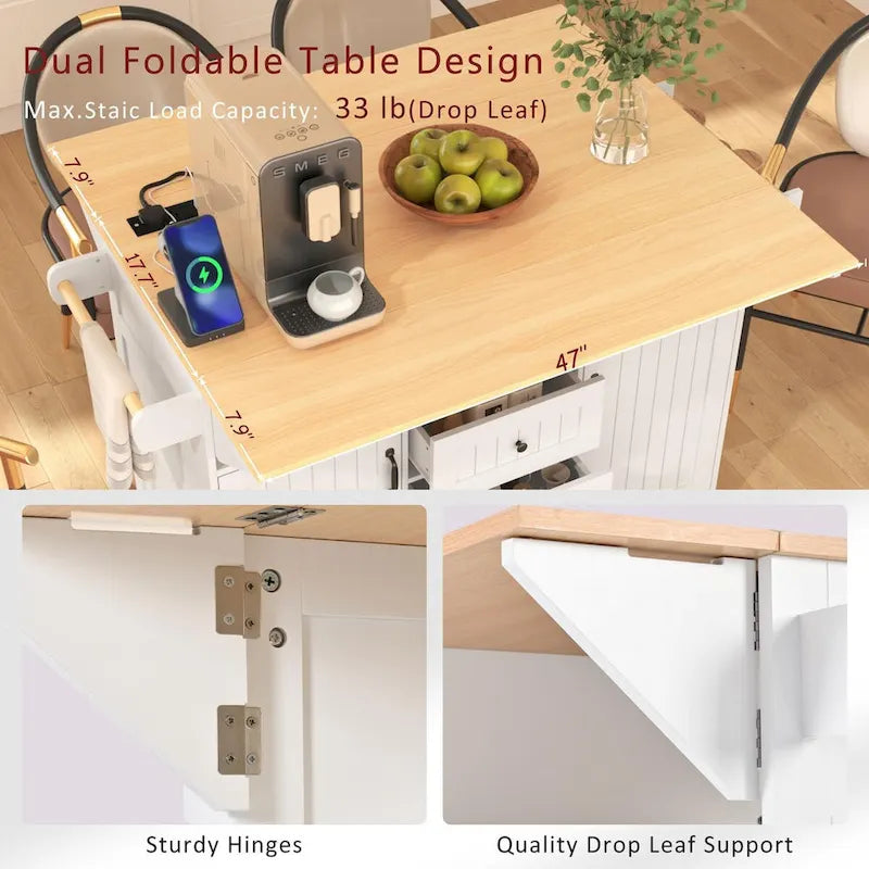 55.7Kitchen Island,2 Drop Leaf,Rolling Kitchen Cart on 5 Wheels,Power Outlet,Folding Dining Table,Spice & Towel Rack,3 Drawers