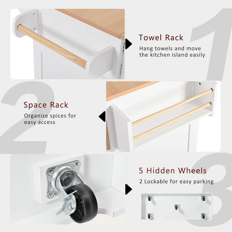 55.7Kitchen Island,2 Drop Leaf,Rolling Kitchen Cart on 5 Wheels,Power Outlet,Folding Dining Table,Spice & Towel Rack,3 Drawers