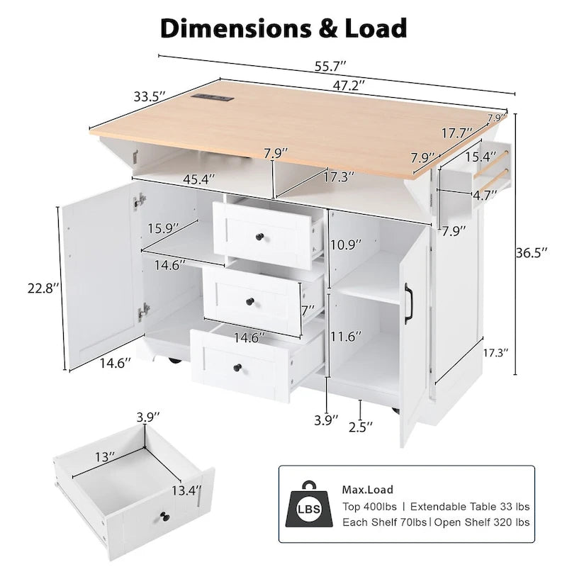 55.7Kitchen Island,2 Drop Leaf,Rolling Kitchen Cart on 5 Wheels,Power Outlet,Folding Dining Table,Spice & Towel Rack,3 Drawers